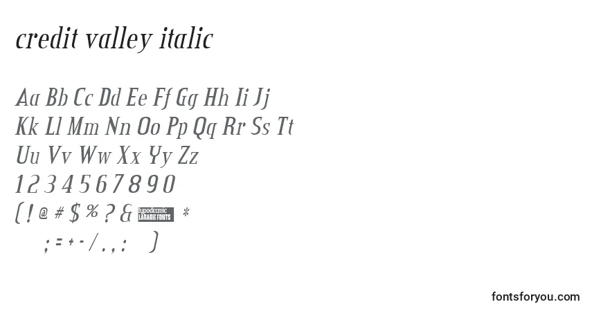 A fonte Credit valley italic (124179) – alfabeto, números, caracteres especiais