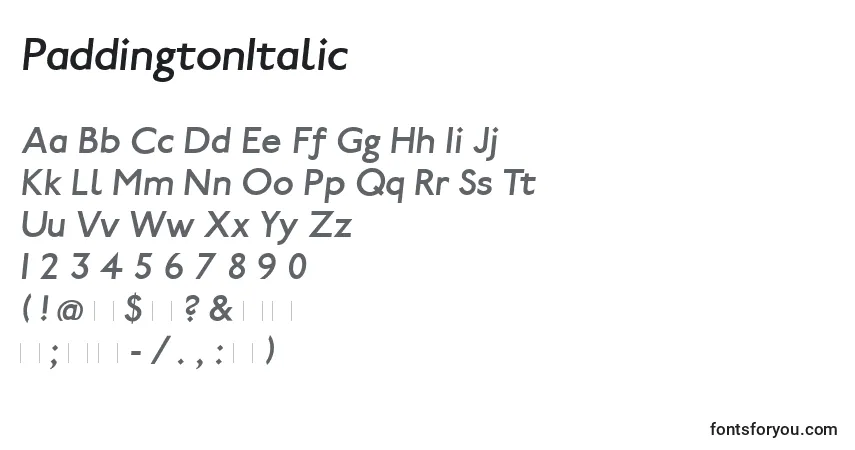 Шрифт PaddingtonItalic – алфавит, цифры, специальные символы