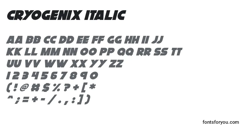 Czcionka Cryogenix Italic – alfabet, cyfry, specjalne znaki