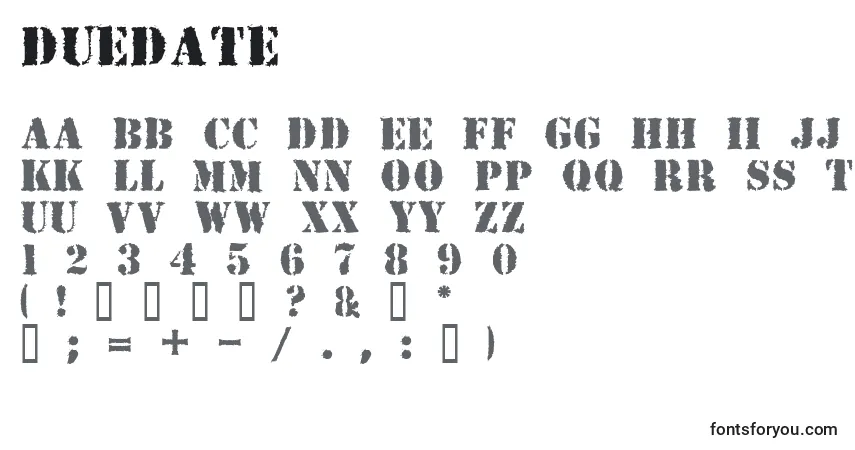 Czcionka Duedate – alfabet, cyfry, specjalne znaki