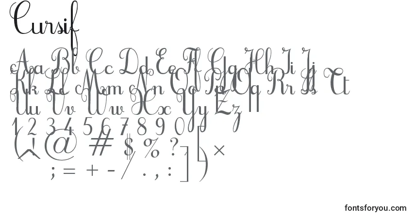A fonte Cursif (124310) – alfabeto, números, caracteres especiais