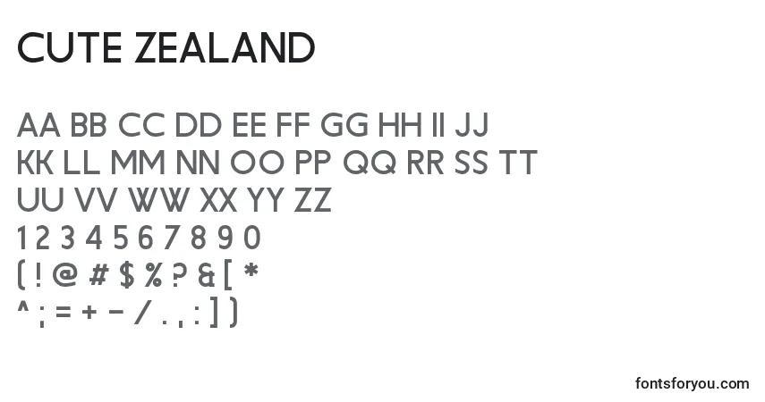 A fonte Cute Zealand – alfabeto, números, caracteres especiais