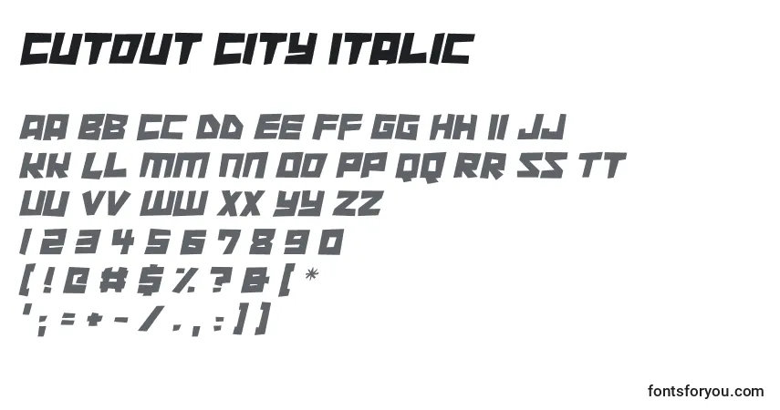 Schriftart Cutout City Italic – Alphabet, Zahlen, spezielle Symbole