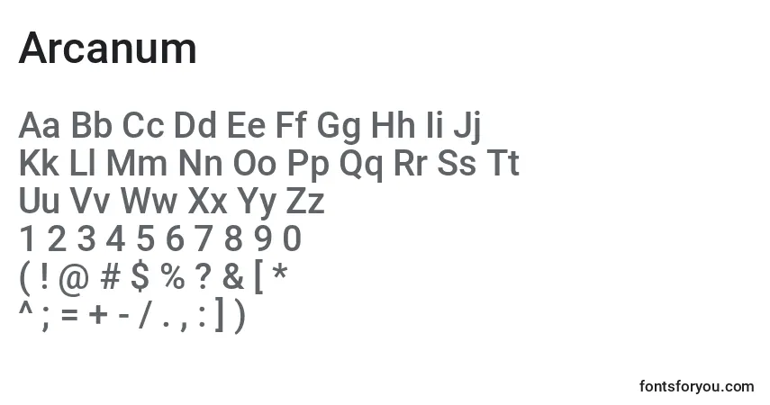 Schriftart Arcanum – Alphabet, Zahlen, spezielle Symbole