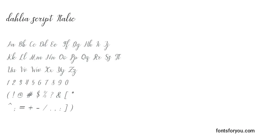 A fonte Dahlia script Italic (124418) – alfabeto, números, caracteres especiais