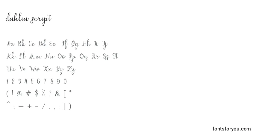 Czcionka Dahlia script – alfabet, cyfry, specjalne znaki