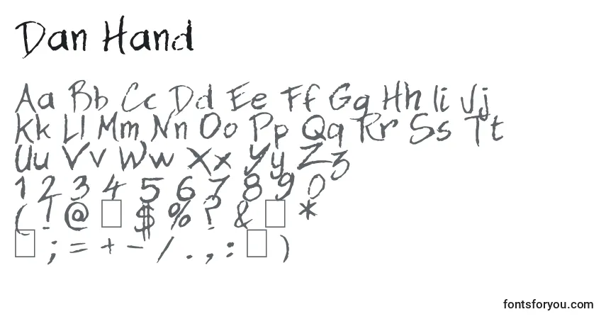 Czcionka Dan Hand – alfabet, cyfry, specjalne znaki
