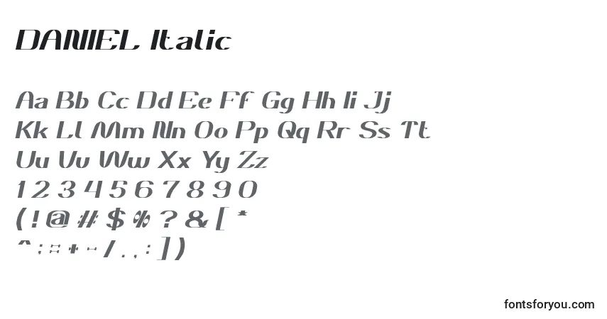Czcionka DANIEL Italic – alfabet, cyfry, specjalne znaki