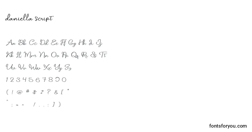A fonte Daniella script – alfabeto, números, caracteres especiais