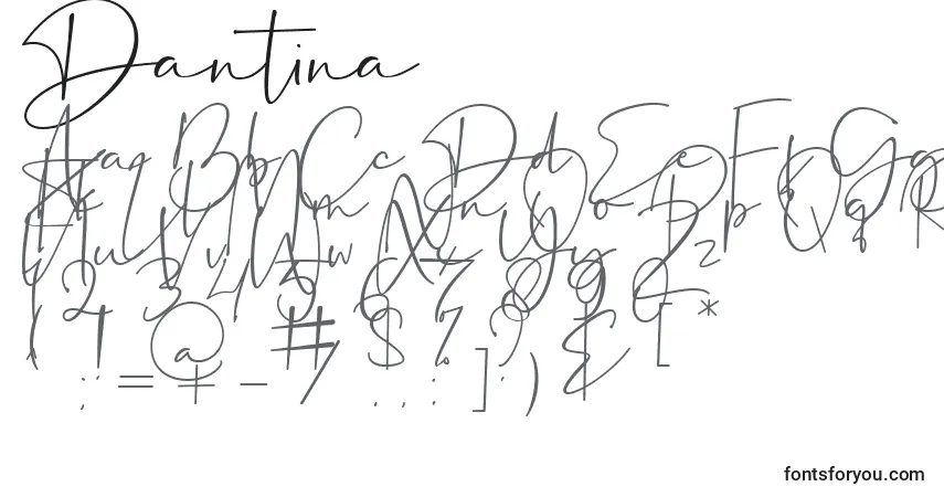 A fonte Dantina – alfabeto, números, caracteres especiais