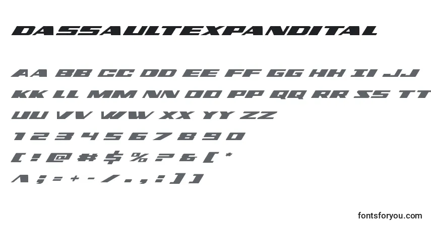 A fonte Dassaultexpandital (124542) – alfabeto, números, caracteres especiais