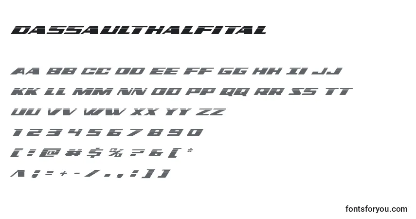 Czcionka Dassaulthalfital – alfabet, cyfry, specjalne znaki