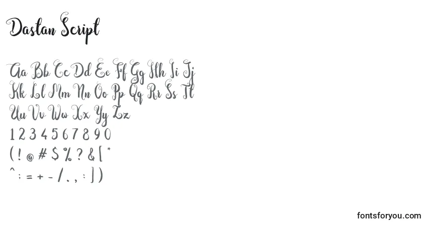 Schriftart Dastan Script – Alphabet, Zahlen, spezielle Symbole