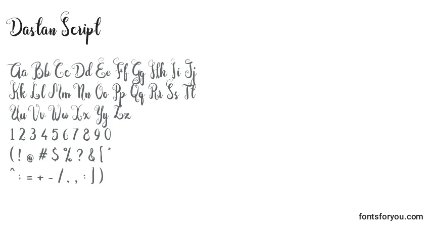 A fonte Dastan Script (124558) – alfabeto, números, caracteres especiais