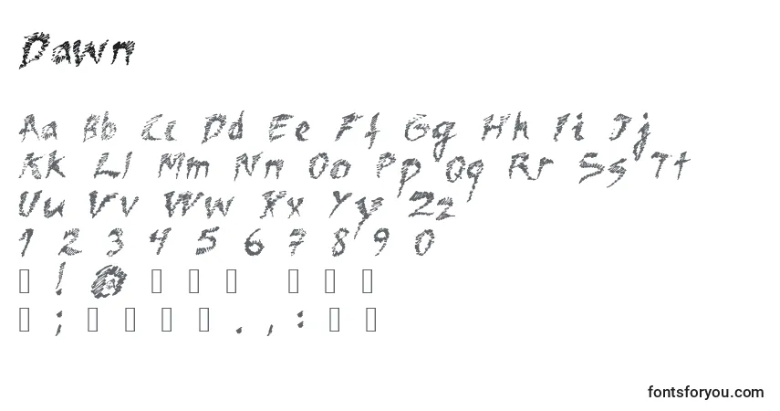 Czcionka Dawn – alfabet, cyfry, specjalne znaki