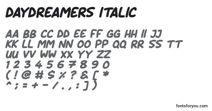 Schriftart Daydreamers Italic – Alphabet, Zahlen, spezielle Symbole