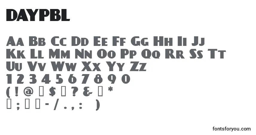 A fonte DAYPBL   (124583) – alfabeto, números, caracteres especiais