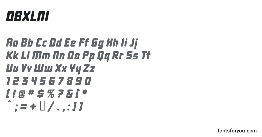 A fonte DBXLNI   (124591) – alfabeto, números, caracteres especiais