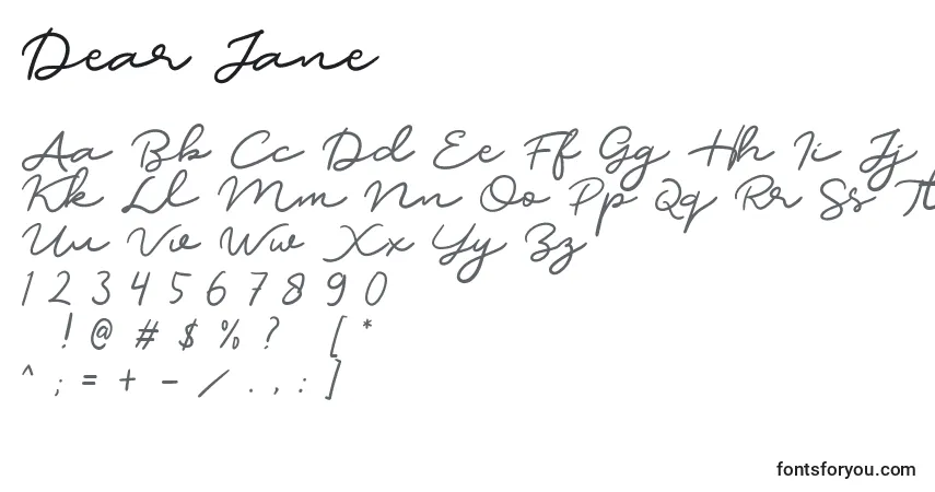 A fonte Dear Jane – alfabeto, números, caracteres especiais