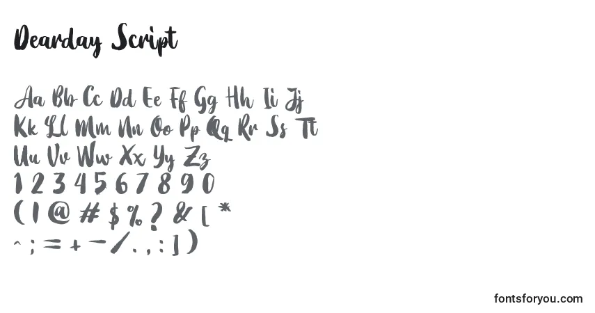 A fonte Dearday Script – alfabeto, números, caracteres especiais