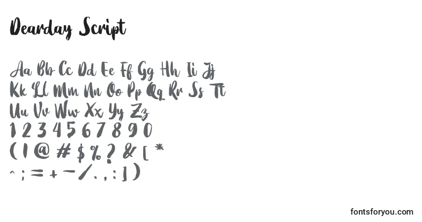 A fonte Dearday Script (124658) – alfabeto, números, caracteres especiais