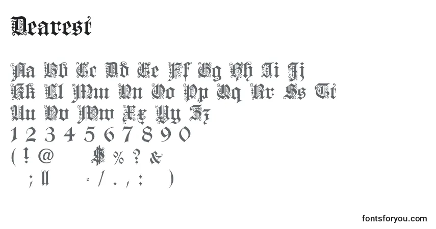 A fonte Dearest (124664) – alfabeto, números, caracteres especiais