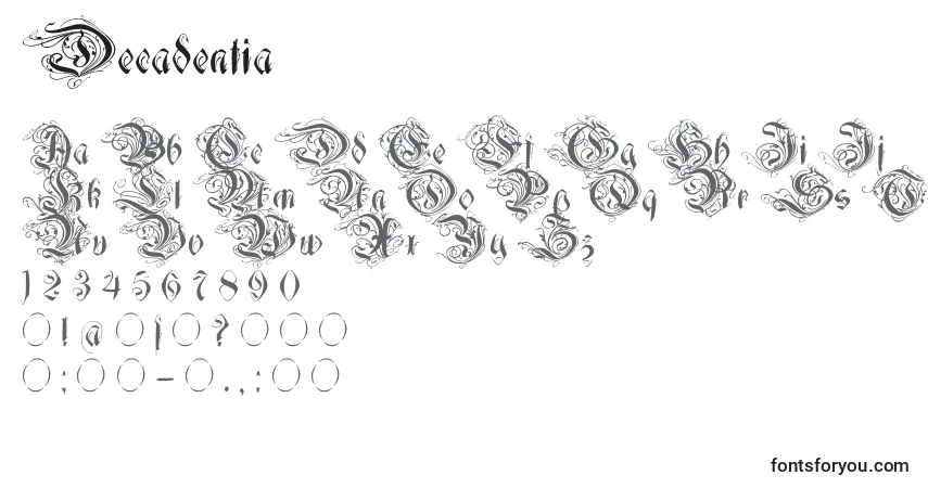 A fonte Decadentia (124720) – alfabeto, números, caracteres especiais