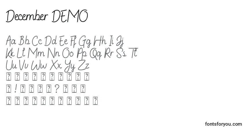 Шрифт December DEMO – алфавит, цифры, специальные символы