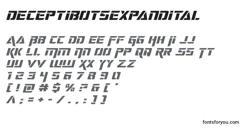 A fonte Deceptibotsexpandital – alfabeto, números, caracteres especiais
