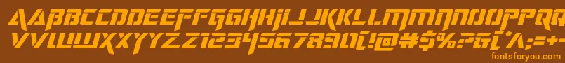 フォントdeceptibotsexpandital – オレンジ色の文字が茶色の背景にあります。