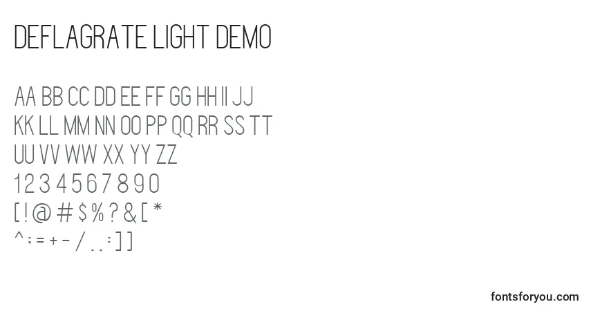 Шрифт Deflagrate light DEMO – алфавит, цифры, специальные символы