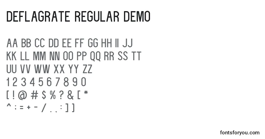 A fonte Deflagrate regular demo – alfabeto, números, caracteres especiais