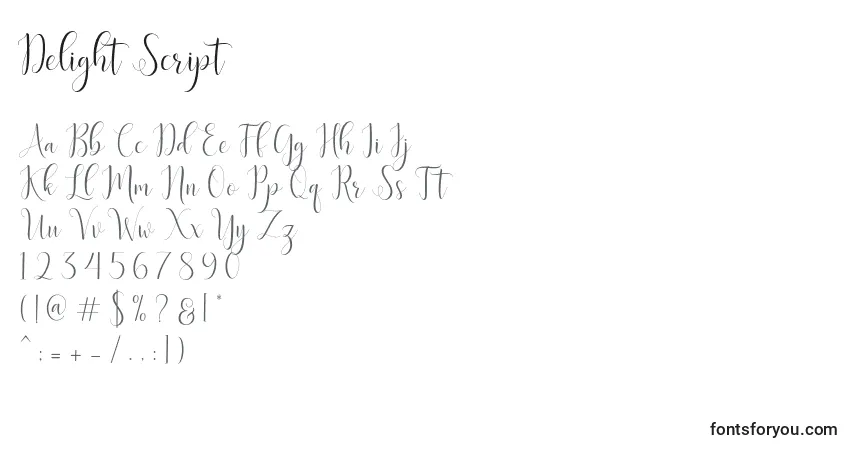 A fonte Delight Script – alfabeto, números, caracteres especiais