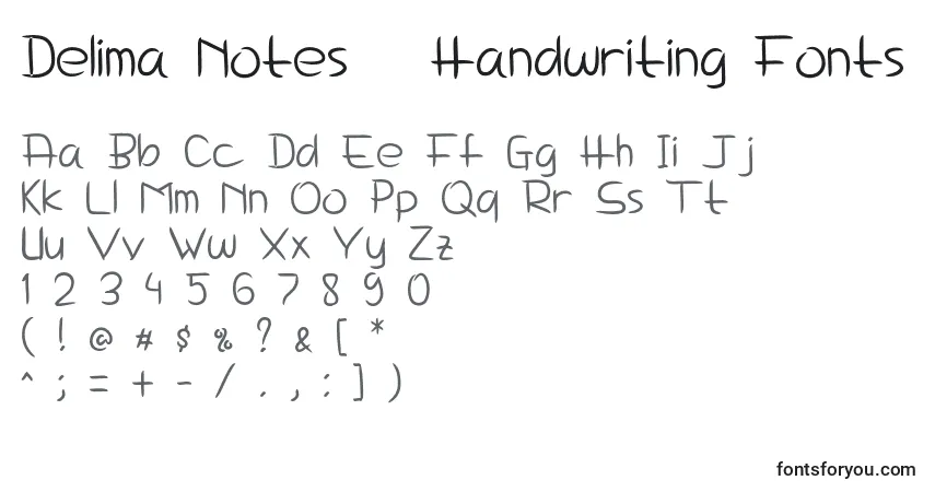 A fonte Delima Notes   Handwriting Fonts – alfabeto, números, caracteres especiais