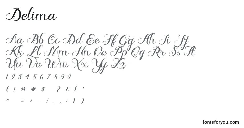 Czcionka Delima – alfabet, cyfry, specjalne znaki