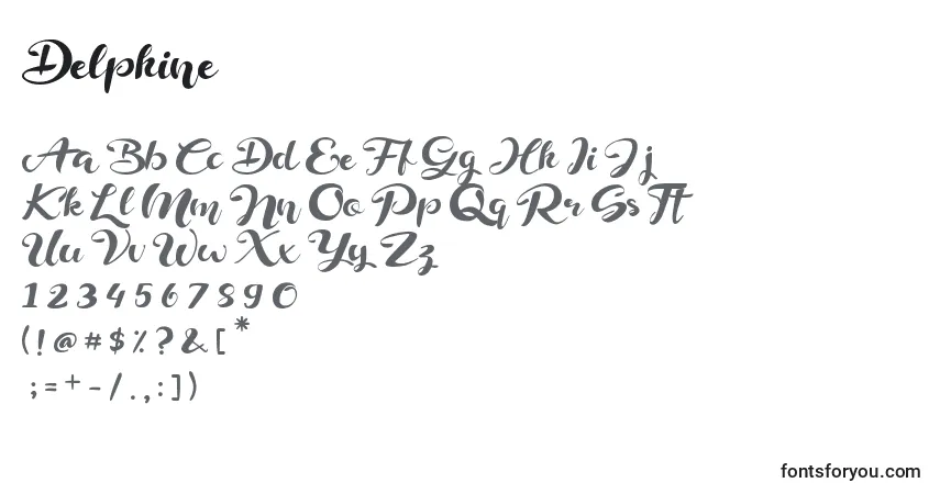 Czcionka Delphine – alfabet, cyfry, specjalne znaki