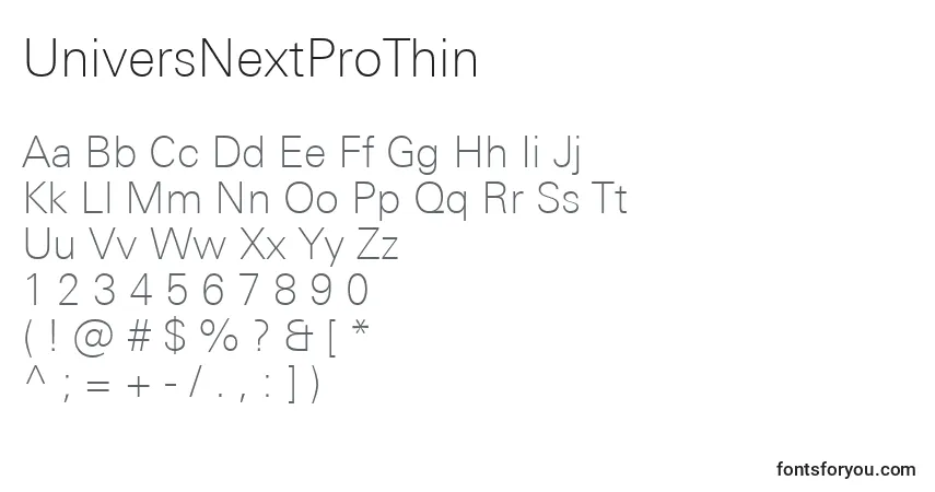 Czcionka UniversNextProThin – alfabet, cyfry, specjalne znaki