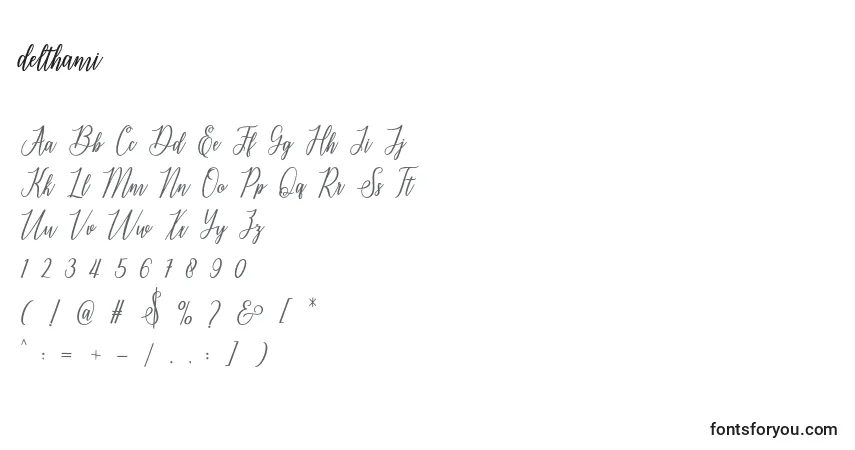 Schriftart Delthami – Alphabet, Zahlen, spezielle Symbole