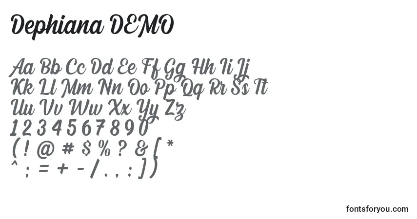 A fonte Dephiana DEMO – alfabeto, números, caracteres especiais
