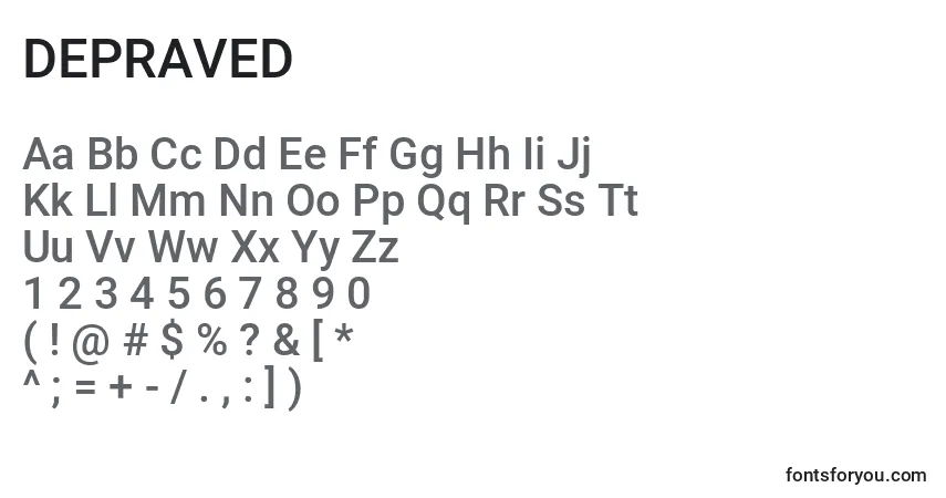 Schriftart DEPRAVED (124949) – Alphabet, Zahlen, spezielle Symbole