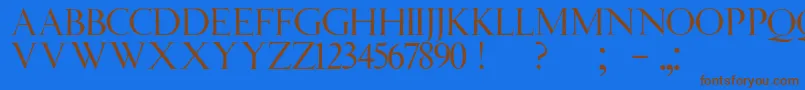 フォントJmhAngelusCap – 茶色の文字が青い背景にあります。