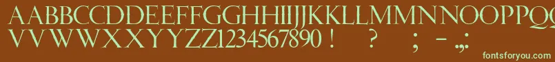 フォントJmhAngelusCap – 緑色の文字が茶色の背景にあります。