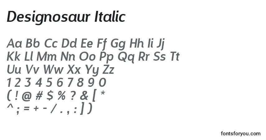 Schriftart Designosaur Italic – Alphabet, Zahlen, spezielle Symbole