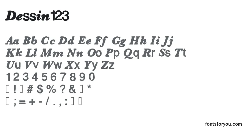 A fonte Dessin123 – alfabeto, números, caracteres especiais