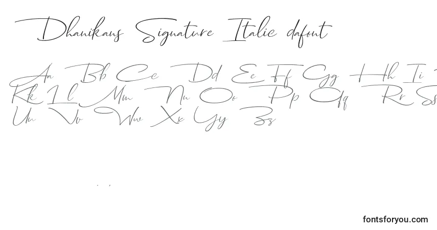 Schriftart Dhanikans Signature Italic dafont – Alphabet, Zahlen, spezielle Symbole