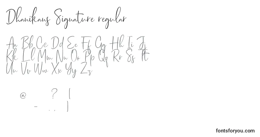Czcionka Dhanikans Signature regular – alfabet, cyfry, specjalne znaki