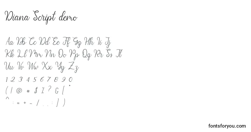 Diana Script demo-fontti – aakkoset, numerot, erikoismerkit