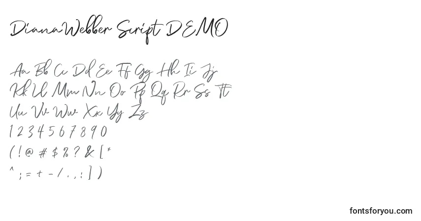 Czcionka DianaWebber Script DEMO – alfabet, cyfry, specjalne znaki