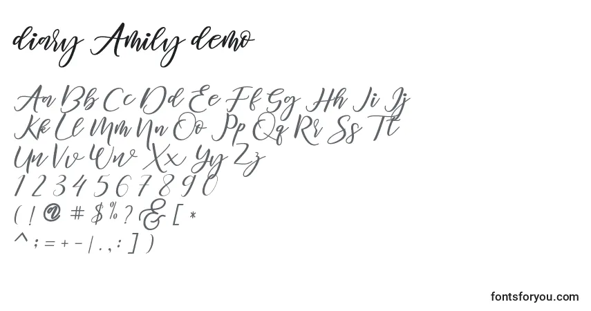 Czcionka Diary Amily demo – alfabet, cyfry, specjalne znaki