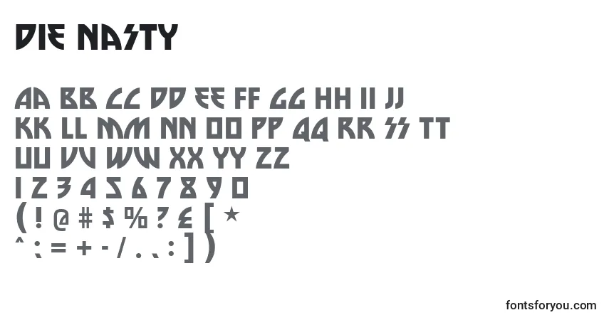 Die nasty-fontti – aakkoset, numerot, erikoismerkit